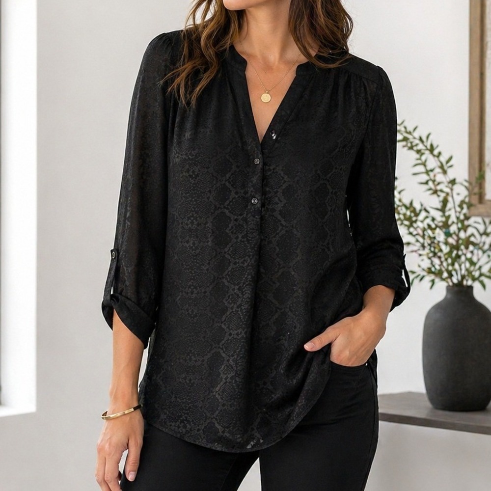 Tribal Womens Black Snakeskin Print Roll Tab Sleeve Tunic Blouse Split V Neck 6